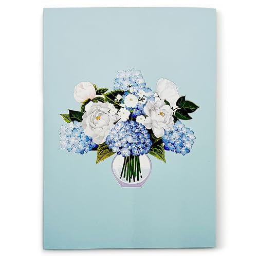 Blue Hydrangea and Rose Flower Bouquet Pop Up Card, 3D Blooming Love Greeting Card for Birthday, Mothers Day, Valentines Day, Anniversary, Congratulations, Thinking of You, All Occassions by Teabug