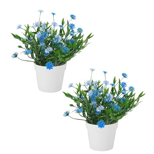 Fake Plants Daisy for Bathroom Decor, Small Potted Artificial Plants Indoor for Shelf Desk Home Bathroom Farmhouse Room Coffee Table Decor, Blue (Pack of 2) - color: Blue