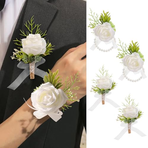 Garisey Artificial Flowers White Rose Wrist Flowers and Men's Corsage Wedding Flowers Ceremony Prom Flower (2 Boutonniere & 2 Wrist Corsage White) - color: 2 Boutonniere & 2 Wrist Corsage White
