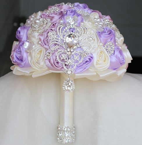Bridal Wedding Bouquet Round Bling Brooch Bouquet Artificial Rose Flower Bunch for Bride Bridesmaid Wedding Quinceanera(Light Purple, Light Taro & Ivory, 7.5") - color: Light Purple, Light Taro Purple & Ivory, size: Small (Dia. 7.5"/19cm)