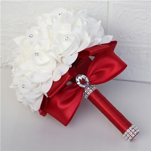Wedding Bouquets for Bride, Bridal Flowers for Wedding, Bride Bridesmaid Hand Flowers Bridal Bouquet Crystal Diamond Silk Roses, Artificial Flowers Bouquet for Church Wedding Party (Red) - color: Red