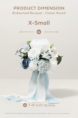 Ling's moment Dusty Blue Artificial Wedding Flower Bouquets for Bridesmaids White Floral Bouquet Light Blue Bridal Bouquets for Bridesmaids with Ribbon Ceremony Anniversary,7-inch Diameter - color: Blu-dusty Blue & Navy