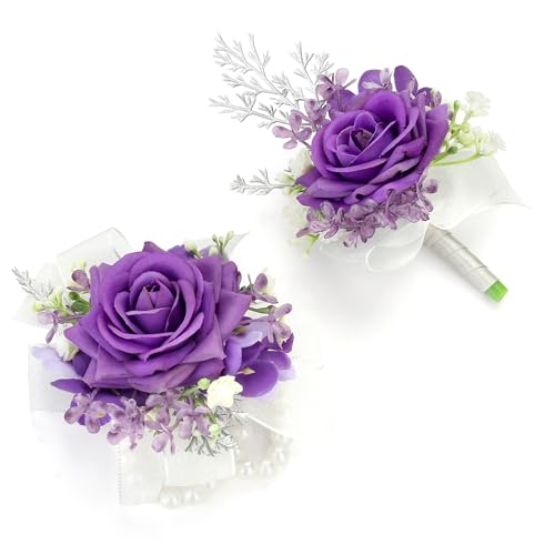 2pcs Purple Corsage Boutonniere for Prom Decor Silk Corsage Wristlet Boutonniere for Men Corsages Artificial Flowers for Wedding Party Suit Decor - color: Purple Corsage - Double-cain