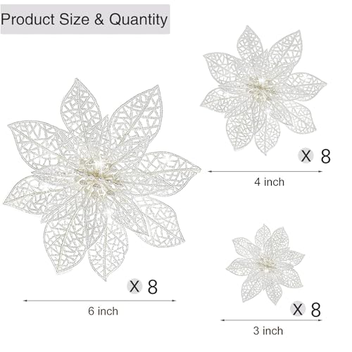 Wironlst 24 Pieces Glitter Poinsettia Flowers Christmas Tree Ornaments, Glitzy Poinsettia Bushes Christmas Decorations for Xmas/Holiday/Seasonal/Wedding (White) - color: White