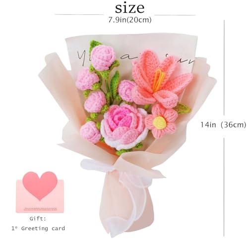 Handmade Crochet Flowers Bouquet, Pink Knitted Flower,Rose Tulip Daisy | Handcrafted artwork.Healing Gifts for Women.Home decor never fades bouquet ,Valentine's Day,Mother's Day, Birthday Gifts - color: Pink - Roses Tulip