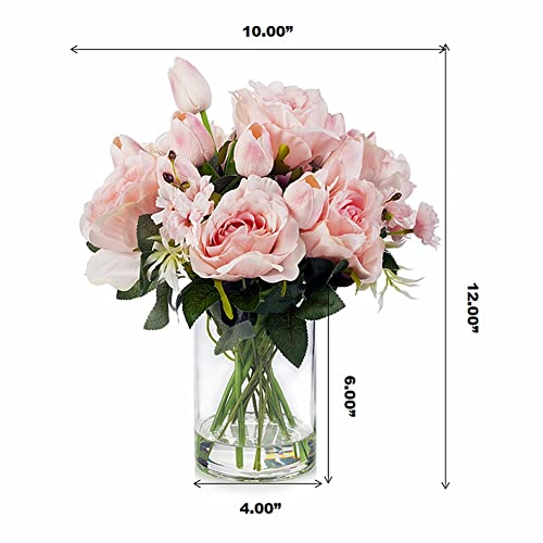 ENOVA FLORAL Pink Tulip Artificial Real Touch Flowers in Vase, Mixed Fake Tulips Fake Flowers and Silk Rose Artificial Flowers with Vase for Dining Table Decoration (Pink) - color: T& Rose Pink