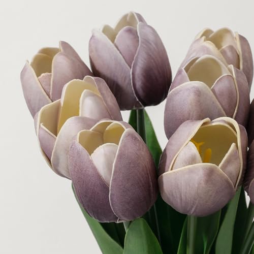 Lavender Mist Fake Tulips,18.5" PU Artificial Tulips Flowers for Spring Easter Home Kitchen Wedding Bouquet Bulk Mother's Gift Day Decorations - color: Lavender Mist