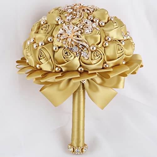 A Bunch Golden Bridal Wedding Bouquet Satin Rose Bouquet with Ribbon Diamond W306-20 Light Golden - color: Light Golden
