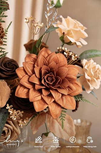 Ling's moment Artificial Wedding Flowers Combo, Fake Greenery for DIY Bouquets Centerpieces Decorations Foam Rose Hydrangea with Stems for Party Home Decor, Walnut Brown & Burnt Orange, Deluxe Combo - color: Walnut Brown & Burnt Orange, size: Deluxe