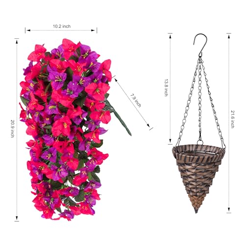 Artificial Bougainvillea Faux Flowers Plants Baskets for Outdoor Outside Decoration, 3PCS Fake Silk Flowers Long Trailing Vines UV Resistant Realistic for Front Door Porch Patio (PurpleHotpink) - color: Purplehotpink