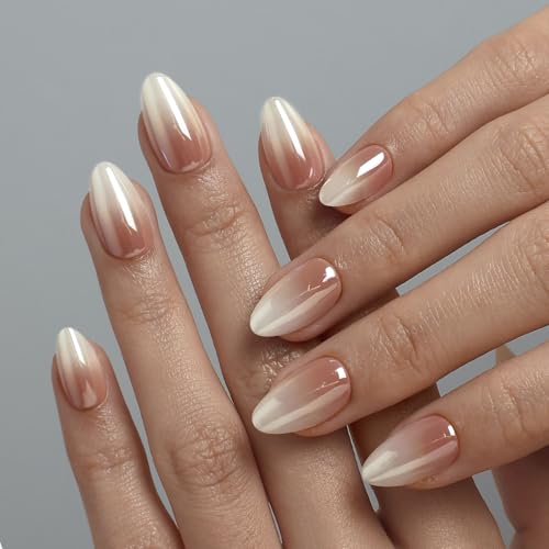 32Pcs Soft Gel Press on Nails for Women, Ombre Chrome, Short Almond | Glazed Donut Aurora False Fake Nails Press Ons for Office Daily Wear, Salon Quality Reusable Glue & Stick on Nail Gift Kit - color: 2E-Ombre Chrome