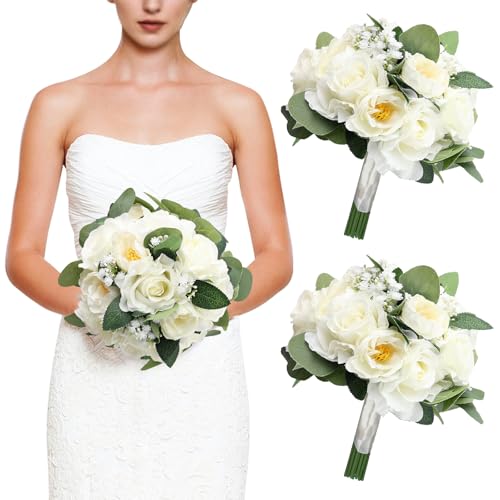 Set of 2 Bridesmaid Bouquets, 11 Inch Wedding Bouquets for Bridesmaids Artificial Flower Bouquets for Wedding Ceremony Bridal Shower Decorations - White - color: Ivory White, size: Set of 2 Bouquets