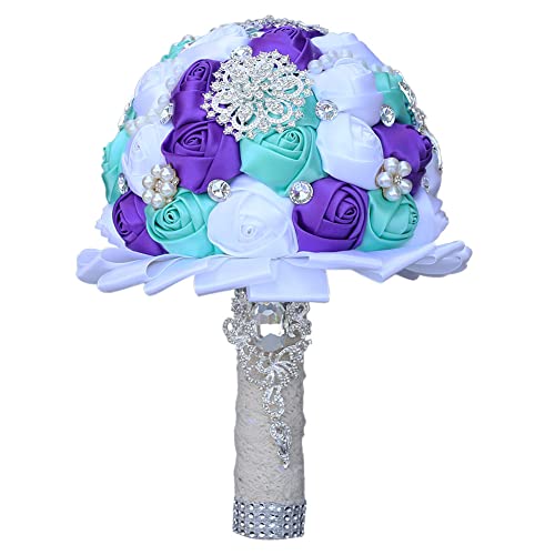 Sharebeauty 7.9 Inch Handmade Satin Rose Bridal Bouquet Toss Round Wedding Bouquet Throw Toss Artificial Flower Bunch Pale Blue + Purple + White - color: W3217d08 Pale Blue/Purple/White