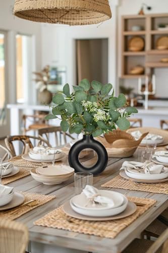 Artificial Eucalyptus Stems in Ceramic Vase 14.23" Fake Eucalyptus Plant Decor Black Donut Vase with Greenery Centerpiece Table Decorations Small Faux Green Plant for Home Farmhouse Wedding Table - color: Black