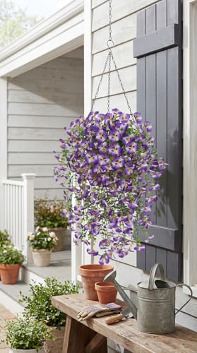 Purple Artificial Hanging Flowers for Outdoors, 4 PCS 29.5in UV Resistant Faux Outdoor Hanging Plants Pansy Flowers Fake Cascading Floral Vines for Porch Patio Balcony Pergola - color: Purple