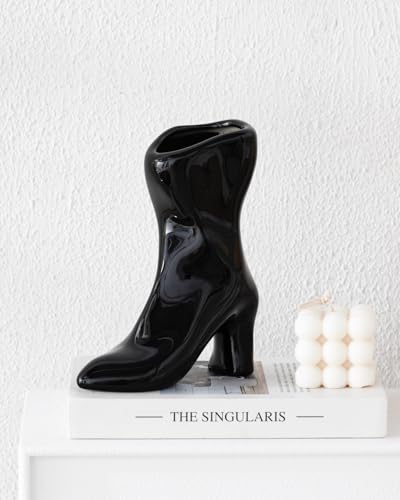 Ceramic Boot Vase for Modern Home Decor,7.9" High Heel Bootie Flower Vase,Quirky Funky Aesthetic Room Decor,Trendy Coffee Table Centerpiece for Women(Black) - color: Black
