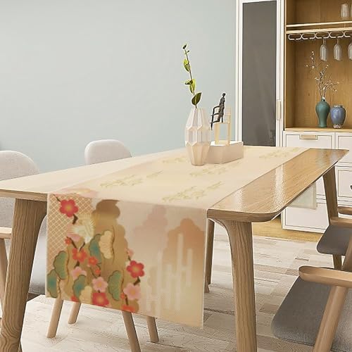 Japanese Table Runner Retro Asian Luxury Pine Trees Art Printed Burlap Runner for Home Kitchen Dining Table Living Room Decor Fabric 1 Panel W13xL36in - color: Japanese Style-3, size: 13"W x 36"H