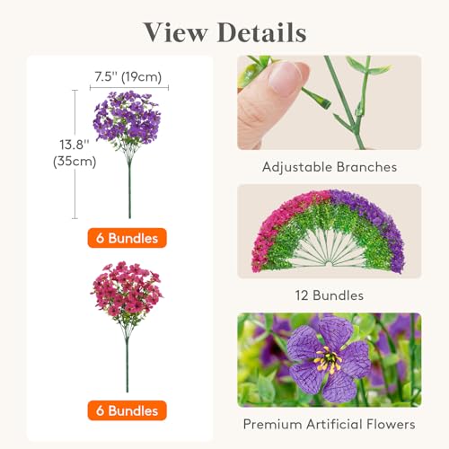 Lifewit Artificial Flowers for Outdoor Indoor, 12 Bundles Plastic Fake Flowers Daisy with Eucalyptus Leaves for Home Garden Decor, Porch, Window Box(Mix for Fuchsia Purple) - color: Fuchsia & Purple