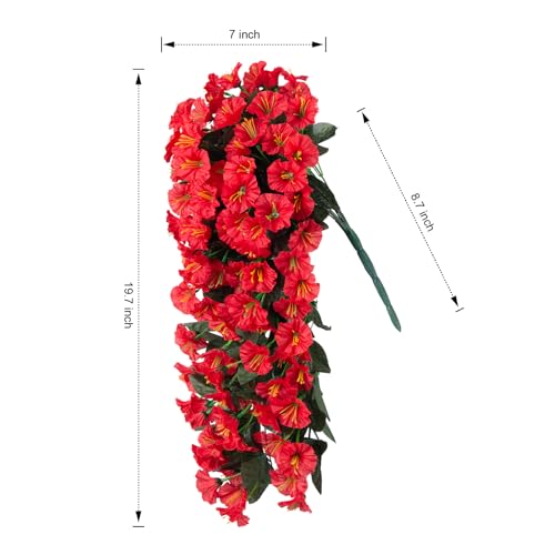 Artificial Fake Hanging Flowers Plants for Outdoor Outside Spring Summer Decoration, 2PCS Faux Silk Red Morning Glory UV Resistant Look Real Trailing Vines for Home Wedding Party Garden Patio Porch - color: Red 2