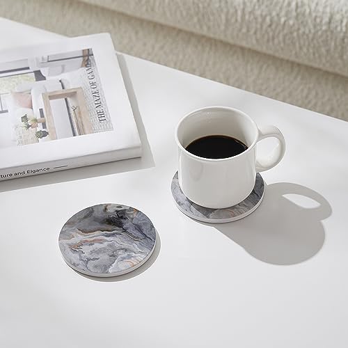 Set of 6 Abstract Dark Blue Marble Coasters with Holder, Absorbent Ceramic Coasters for Drinks, Coasters with Cork Backing for Table Protection, Housewarming Gifts for New Home - color: Abstract Dark Blue Marble