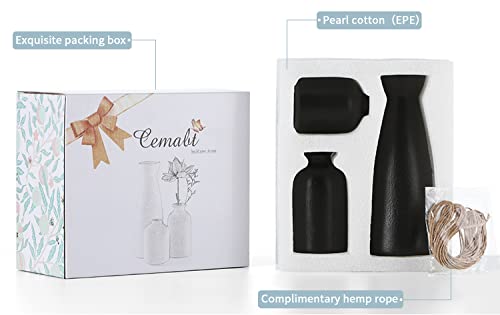 CEMABT Black Ceramic vase Set-3 Small Flower vases for Decor,Modern Boho Farmhouse Home Decor,Decorative vase for Pampas Grass&Dried Flowers,idea Shelf,Table,Bookshelf ，Entryway- Distressed - color: 3set-black
