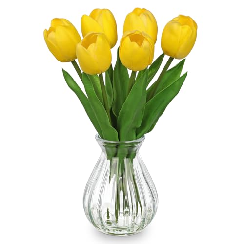 Oairse Artificial Tulips Flowers in Glass Vase - 6 Pcs Faux Flowers in Vase with Faux Water 12.5" Fake Tulips Bouquet Floral Arrangement Centerpiece for Dining Table Home Wedding Office Decor, Yellow - color: Yellow