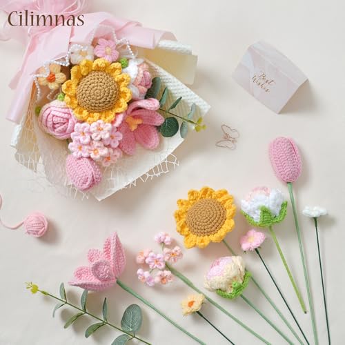 Crochet Flower Bouquet,Pink Knitted Flowers, Handmade Sunflowers Tulips Roses Bouquet for Birthday Anniversary Party Mother's Day Graduation Gifts - color: Pink
