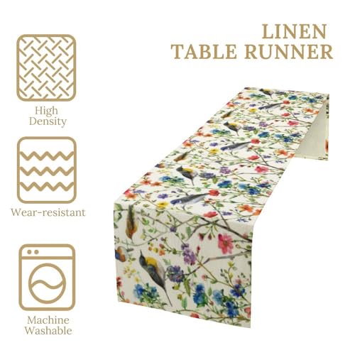 Spring Bird Floral Table Runner,Summer Birds Table Runner Burlap Table Decoration for Seasonal Home Kitchen Dining Dinner Indoor Holiday Farmhouse Decor 13x36 Inch - color: Bird_11, size: 13x36inch
