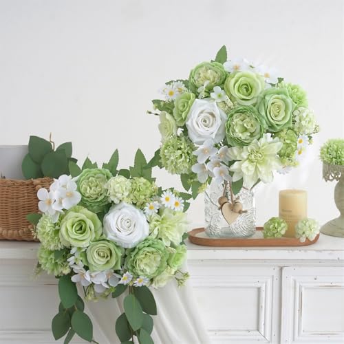 4 Pcs Mixed Artificial Flowers Set, Small Artificial Peony Bouquet Fake Rose Flower Silk Floral Arrangements for Table Centerpiece Home Wedding Party Bridal Decoration(Green, 2 Bouquets & 2 Stems) - color: Green, size: Mixed 4pcs
