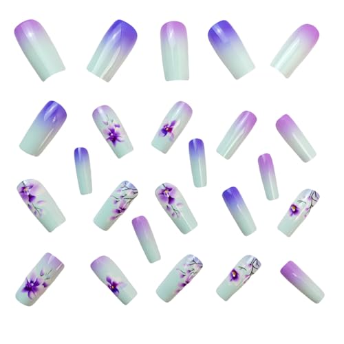 Flower Press on Nails Medium Square Fake Nails Purple False Nails with Gradient Designs Floral Glossy Stick on Nails Beautiful Glue on Nails Spring Acrylic Nails for Women Girls 24 Pcs - color: Flower Square29
