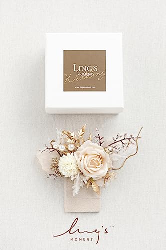Ling's moment Pocket Boutonniere Single, Boutonniere for Men Groom for Wedding, Prom, Homecoming, Anniversary, Graduation, etc.White Beige, 6" W x 5" H - color: Wht-white & Beige, size: 6" W x 5" H