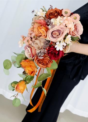 9.5 Inch Orange Cascading Wedding Bouquet for Bride Fall Artificial Rose Flower Cascade Bride Bridal Bouquet Rustic Boho Wedding Ceremony Anniversary Bridal Shower Fall Color Burnt Orange - color: Burnt Orange