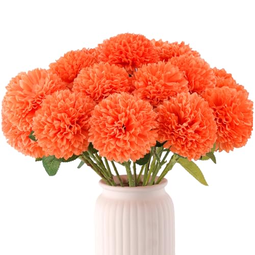 Hananona 12 Pcs Artificial Chrysanthemums Flowers Marigolds Ball Flower, Orange Fake Mums Silk Fall Flowers for Autumn Dia de Los Muertos Home Decor Day of The Dead Table Centerpiece (12, Orange) - color: Orange