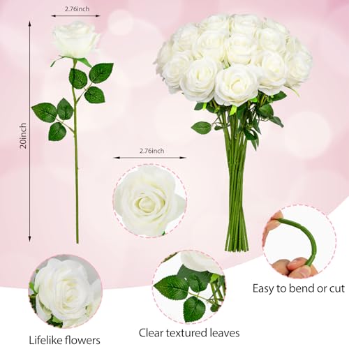 Ouddy Decor 20 Pcs White Roses Artificial Silk Flowers Fake Roses Bouquet with Long Stems for Mother's Day Decor Wedding Home Party Table Centerpieces Bridal Bouquet DIY Floral Arrangment, White - color: White, size: 20 Packs