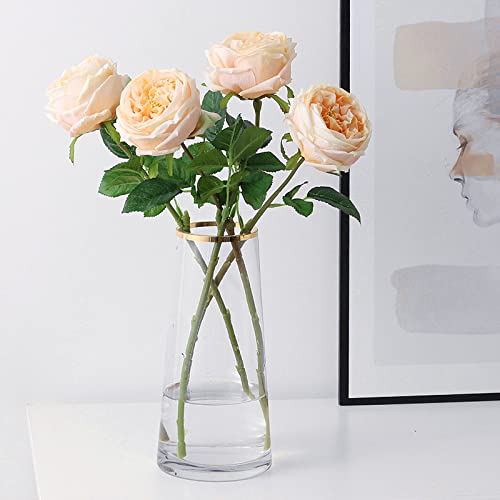 UKELER Artificial Roses 4 Pcs Real Touch Artificial Flowers Champagne Austin Rose Peony with Stem for Home Decor Flower Arrangement Wedding Party Decoration - color: Champagne