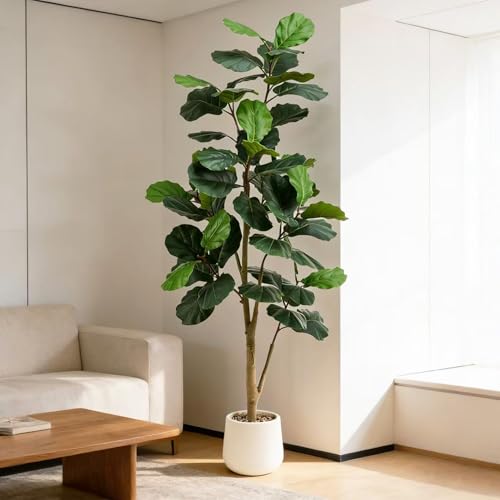 Artificial Fiddle Leaf Fig Tree 6FT, 72 Inch Tall Faux Ficus Lyrata Fake Floor Plant with White Planter & Pebbles, Large Realistic Fig Tree for Indoor Home Office Living Room Decor - color: White, size: 6FT