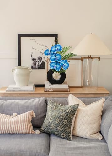 Briful Blue Orchid Fake Flowers with Black Vase, 16.1'' Artificial Orchid Silk Flowers Faux Orchid Arrangement for Home Office Room Table Centerpiece Modern Decoration - color: Blue Flowers Black Vase