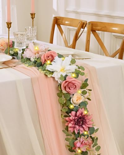 Waipfaru Artificial Flower Garland with Lights, 6.07Ft Lighted Eucalyptus Greenery Garland, Pink Rose Floral Vines for Wedding Table Runner Centerpieces Backdrop Decor - color: Dusty Pink-lights-6.07ft, size: 1 Pack