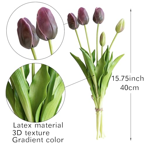 DUYONE 40pcs Artificial Tulips Flowers,Soft Touch Latex Bouquet,Fake Tulips for Office Wedding Party Home Kitchen Garden Decoration - color: 40pcs Dark Purple Set (No Vase)