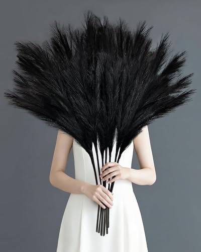 TORONTOKYO 8Pcs Faux Black Pampas Grass Decor Tall, 35.4” Fluffy Artificial Pompous Grass Branches, Large Pampas Grass Reed Stems for Gothic Room Decor, Floor Vase Filler, Wedding, Home Boho Decor - color: Pure Black, size: 35.4inch-8Pcs