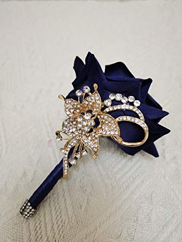 YIFUwedding Bride Water Drop Wine red Bouquet Navy Blue Wedding Bouquet Luxury Jewelry Proposal Bridesmaid Bouquet Groom Corsage Bride Wrist Flower Wedding Decoration, Navy Blue Groom Corsage - color: Navy Blue Groom Corsage