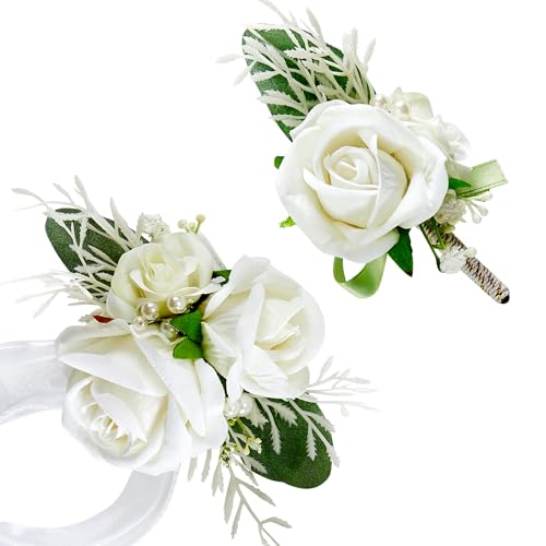 SITUMEIZI 2Pcs White Corsage and Boutonniere Set Wrist Corsage Bracelets and Boutonniere for Men Wedding Prom Party Suit Decor - color: White