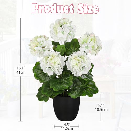 Briful 16” Geraniums Artificial Flowers Realistic Potted Plant – White Fake Geraniums for Outdoors, Silk Flowers Artificial Outdoor Plants for Indoor Home Decor, Farmhouse Table Centerpiece Decoration - color: 16'' Tall White