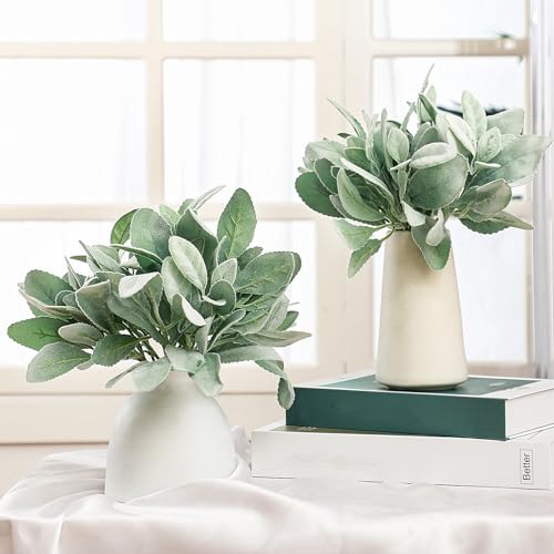 Giegxin 24 Pcs Artificial Lambs Ear Stems Garland Faux Greenery Stems Bulk Flocked Faux Greenery Decor Fake Lambs Ear Picks Plants for Home Wedding DIY Wreath Flower Arrangement