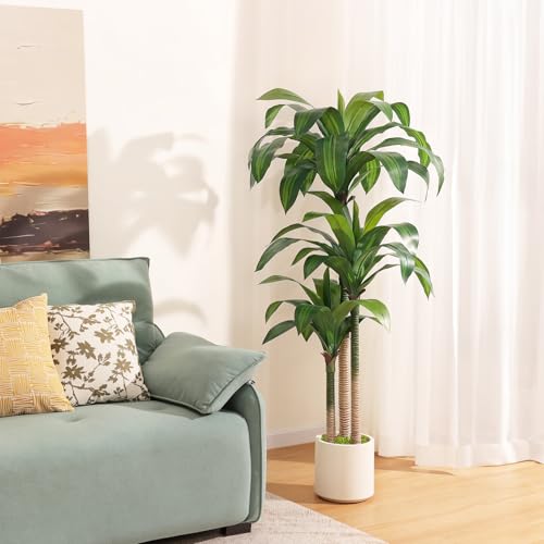 Artificial Dracaena Tree 5ft, Tall Fake Dracaena Plants with White Planter, Faux Dragon Tree Indoor Floor Plant for Home Decor Office Living Room Porch Housewarming, 1Pcs - size: 5ft