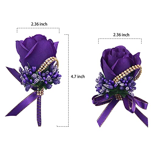 Wrist Corsage Boutonniere Set 6 Pack, Artificial Rose Bridesmaid Corsage and Groom Men Boutonniere for Wedding Party Prom (Boutonnieres Wristlet - Purple, 6 Pcs) - color: Boutonniere Corsage- Purple, size: 6 Packs