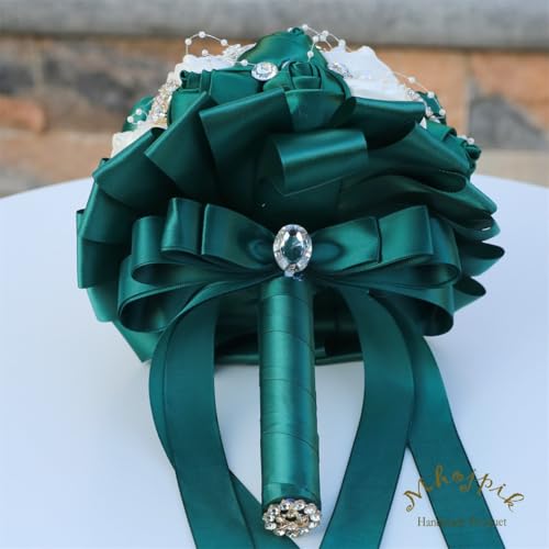 8.7" Dark Green & Ivory Bridal Wedding Bouquet Round Holding Bouquet Throw Toss Artificial Rose Flower Bunch for Bride Bridesmaid Wedding Quinceanera - color: Dark Green & Ivory, size: Medium (Dia. 8.7"/22cm)
