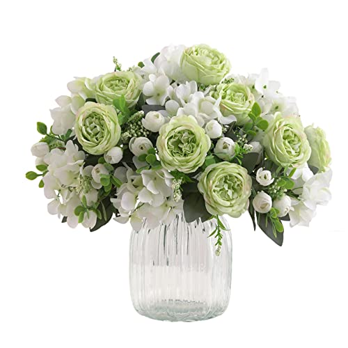 4 Bunches Green Peony Artificial Flowers for Decoration Faux Rose Fake Bouquet Silk Arrangements Table Centerpiece for Vase Cake Topper Bridal Baby Shower - color: Green & White
