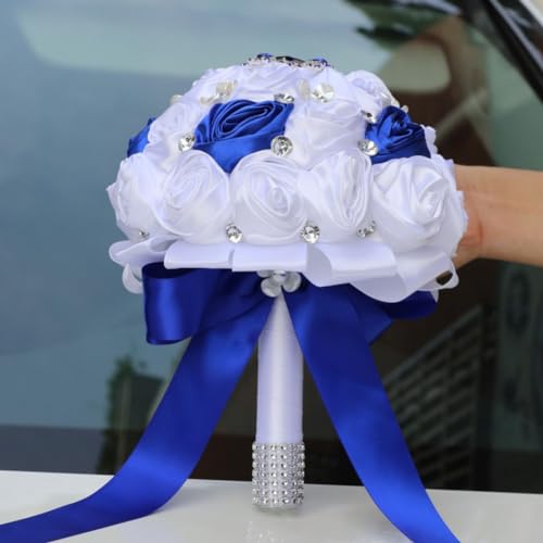White and Royal Blue Bridal Wedding Bouquet for Bride Bridesmaid Quinceanera with Blue Brooch Rhinestone Satin Rose Flower Bouquet Wedding Royal Blue and White 9.8in - color: White & Royal Blue (Blue Brooch on Top), size: Diameter: 9.8 inches