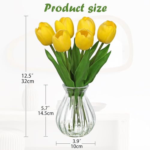 Oairse Artificial Tulips Flowers in Glass Vase - 6 Pcs Faux Flowers in Vase with Faux Water 12.5" Fake Tulips Bouquet Floral Arrangement Centerpiece for Dining Table Home Wedding Office Decor, Yellow - color: Yellow